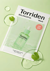 Torriden Balanceful Mask packaging on a green background with a bottle illustration.