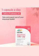 A box of Celtiva Probiotics W dietary supplement placed on a pink studio background with promotional text above it. The box is white with pink and green branding, and the ad copy reads '1 capsule a day' and 'Take extra good care of your intestinal health!'.