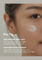 Close-up of a person's face with skincare product application instructions.
