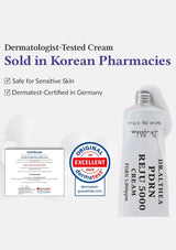 Dermatologist-tested cream with certification logos on a white background