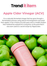 Pink bottle labeled 'TITANY' surrounded by green apples with text about Apple Cider Vinegar.