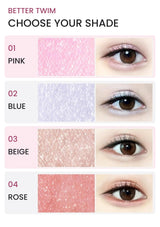 Pink, Blue, Beige and Rose MERRYMONDE glitter eyeliner shown on eyes with matching glitter swatches