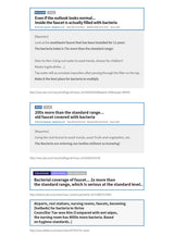 A screenshot-like document page with three blue and white news-style boxes containing text about bacteria on a toilet and bathroom surfaces, with a dark blue header bar at the top.