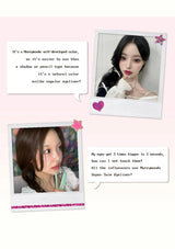 Two polaroid-style images of a person with text about a product on a pink background