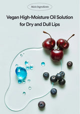 Vegan high-moisture oil solution for dry and dull lips with cherries and blueberries on a light gray background.
