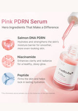 Pink PDRN Serum with ingredients listed on a light pink background