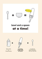 Infographic on introducing baby feeding utensils with text and icons.