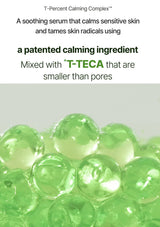 Green gel beads with text about a calming serum and T-TECA ingredient on a white background