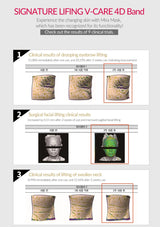 Advertisement for Signature Lifting V-Care 4D Band with clinical results on skin improvement.