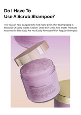 Purple scrub shampoo container with text about scalp care on a light pink background