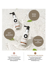 Two bottles of hair care products on a textured white background with descriptive text.