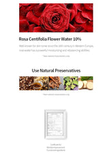Product description for Rosa Centifolia Flower Water 10% with images of flowers and text on a white background.