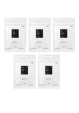 Set of six clear packages with black labels on a white background
