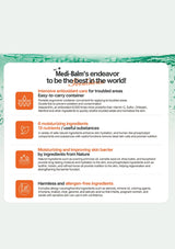 Product label with Medi-Balm's features and benefits on a green and white background