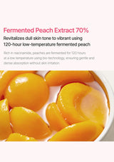 Fermented peach extract product with text about its benefits and preparation method.