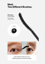 Mascara brush with close-up of application on eyes and text about different brush types.