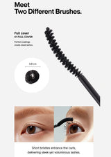 Mascara brush with close-up of application on eyes and text about different brush types.