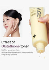 Woman applying skincare product with text about glutathione toner effects.