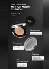 Pore Perfecting Mirror-Moon Cushion packaging with product details on a black background