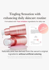 Skincare serum bottles with text about daily skincare routine and low-irritation ingredients.