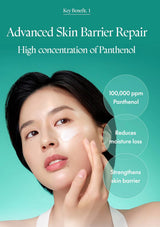 Advertisement for advanced skin barrier repair with a high concentration of Panthenol, featuring a woman applying cream to her face.