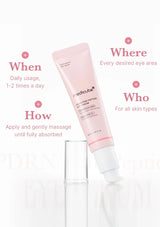 Pink eye cream tube with usage instructions on a white background