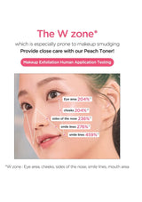 Peach Toner advertisement showing a close-up of a face with makeup exfoliation testing and text about the 'W zone'.