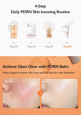 4-step daily PDRN skin boosting routine with product images and before-and-after skin comparison.