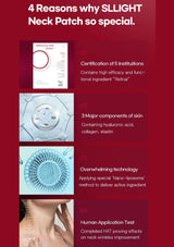 Promotional graphic for SLLIGHT Neck Patch detailing its special features on a red background.