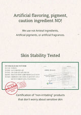 Product label with text about ingredient usage and skin stability testing on a white background.