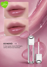 Lip gloss with packaging and close-up of lips wearing the product on a white background