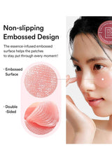 Promotional graphic for a pink skincare patch with text reading 'Non-slipping Embossed Design' and close-up views of the embossed texture, alongside a woman touching her cheek and a circular patch applied to her face.