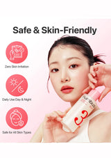 A beauty ad featuring a woman holding a white and pink Nutribio skincare bottle against a light pink background, with text reading 'Safe & Skin-Friendly' and three red icons highlighting zero skin irritation, daily use day and night, and safety for all skin types.