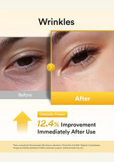 Before-and-after comparison graphic for a wrinkle-reducing product, showing close-up eye areas labeled 'Before' and 'After' with text stating 'Wrinkles' and '12.4% Improvement Immediately After Use'.