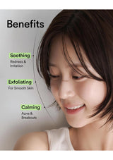 Benefits graphic showing a smiling woman with clean skin, alongside text listing soothing, exfoliating, and calming benefits.