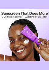 Woman applying sunscreen with a purple tube labeled '3 Defense' on a light purple background