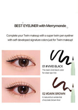 Advertisement for Twim eyeliner with close-up shots of eyes wearing the product and text describing color options.