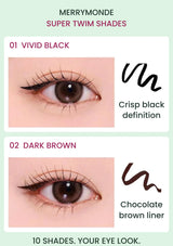 MERRYMONDE Super Twim Pen Eyeliner 01 Vivid Black and 02 Dark Brown: eye makeup looks and colour swatches