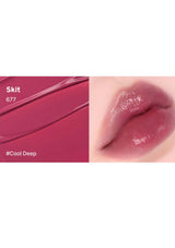 Lipstick swatch labeled 'Skit 677 Cool Deep' applied to a lip.