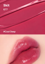 Lipstick swatch labeled 'Skit 677 Cool Deep' applied to a lip.