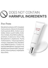 Eye cream tube with a list of ingredients it does not contain on a white background
