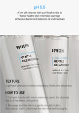 Two bottles of Rovectin Gentle Cleansing Gel with product details on a white background.