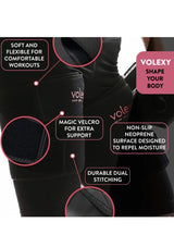 Black compression garment with Volexy branding and feature text on a white background