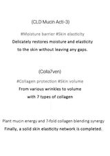 A text-based informational graphic on a white background with three lines of black text describing skincare benefits: '(CLD Mucin Acti-3)', '(Colla7ven)', and a final paragraph about plant mucin energy and 7-fold collagen blending synergy.
