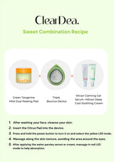 A product information graphic for ClearDea 'Sweet Combination Recipe' on a pale green background. It shows three included items: a Green Tangerine Mild Dual Peeling Pad, a Triple Bounce Device, and two serum/cream tubes, along with numbered usage steps below.