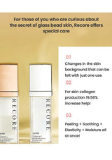 Two skincare products with text highlighting their benefits on a gold background