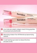 Torriden eye cream bottles on a pink background with product features listed.