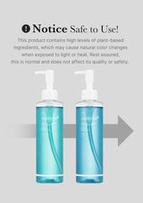 Two blue bottles with white caps on a gray background, featuring text about product safety and color changes.