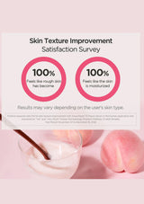 Skin texture improvement satisfaction survey with a pink background and peach slices.