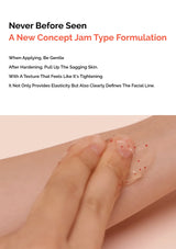 Product application on skin with text about a new concept jam type formulation.